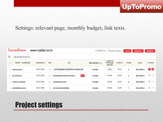 Settings: relevant page, monthly budget, link texts.

Project settings

 