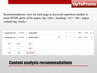Recommendations view for each page as keyword repetition number in
main HTML-parts of the pages: tag <title>, headings <h1>-<h6>, pages
content tag <body>.

Content analysis recommendations

 
