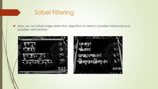 Sobel Filtering
 Now we use Sobel edge detection algorithm to detect possible horizontal and
possible vertical lines.
 