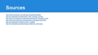 Sources 
http://www.areavibes.com/chicago-il/uptown/livability/ 
http://en.wikipedia.org/wiki/Green_Mill_Cocktail_Lounge 
http://www.city-data.com/neighborhood/Uptown-Chicago-IL.html 
http://www.encyclopedia.chicagohistory.org/pages/1293.html 
http://en.wikipedia.org/wiki/Truman_College 
http://en.wikipedia.org/wiki/Aragon_Ballroom_(Chicago) 
