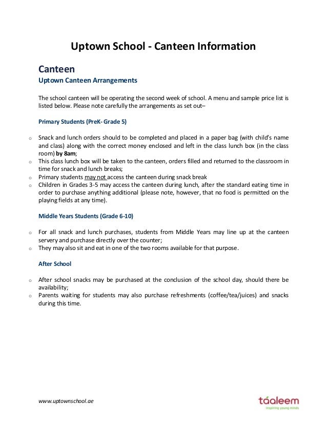 Uptown School Canteen Information