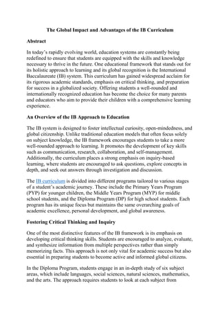 Uptown School-The Global Impact and Advantages of the IB Curriculum ...