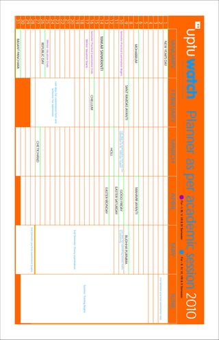 the voice of UPTUians
                                                                    Planner as per academic session 2010                           For - I, III, V, VII & IX Semester                For - II, IV, VI, VIII & X Semester
           JANUARY                                 FEBRUARY                              MARCH                                 APRIL                                    MAY                                         JUNE
 1           NEW YEAR'S DAY
 2                                                                                                                                                                                                    End Semester practical examination ends
 3
 4
 5
 6
 7             MOHARRUM                                                                                                     MAHAVIR JAYANTI
 8
 9                                             SANT RAVIDAS JAYANTI                                                                                              BUDHHA PURNIMA
                                                                                  Last days for examination form late fee                                   Last date for submitting Session marks
10   Semester Practical Examination Begins                                        submission @ Rs. 1000 per student           GOOD FRIDAY                   to University
11                                                                                                                          EASTER SATURDAY
12                                                                                               HOLI
13                                                                                                                          EASTER MONDAY
14       MAKAR SANKRANTI
15
16   Semester Practical Examination Ends               CHELLUM
17         Winter Vacation Starts
                                                                                                                                                                                                            Summer Training Begins
18
19                                                                                                                                                          End Semester theory examination
20
21
22
23                                           Last days for examination form and
24                                                 semester fee submission
25          Winter Vacation Ends
26            REPUBLIC DAY
27                                                                                         CHETICHAND
28                                                                                                                                                        End Semester practical examination begins
29
30
31         BASANT PANCHAMI
 