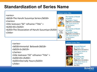 16
Standardization of Series Name
<series>
<b018>Immortal Beloved</b018>
<b019>3</b019>
</series>
<title textcase="02" ref...