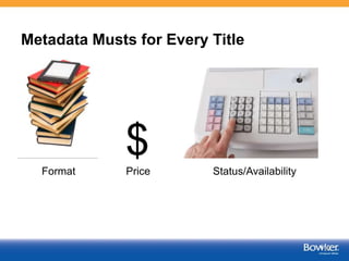 $Format Price Status/Availability
6
Metadata Musts for Every Title
 