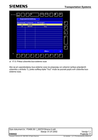 Transportation Systems
Opis dokument br.: F0489.38.1_020701Strana 4 od4
Stanje: 01.07.2002 Verzija 1.1
ES64U2 Poglavlje 17
Copyright © Siemens AG 1998/1999. All Rights Reserved. ‚Ime datoteke:‘ 1_01-17Fernsteuerbetrieb_ES64U2-de
sl. 17-3: Prikaz učesnika bus-sistema voza
Ako se pri uspostavljanju bus-sistema voza ne prepozaju svi učesnici (prikaz prijavljenih
učesnika u simbolu 1), preko softkey-tipke "Voz" može se pozvati popis svih učesnika bus-
sistema voza.
 