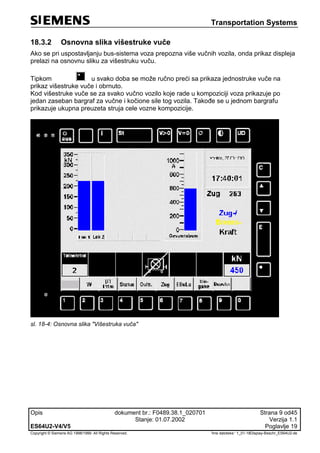 Transportation Systems
Opis dokument br.: F0489.38.1_020701 Strana 9 od45
Stanje: 01.07.2002 Verzija 1.1
ES64U2-V4/V5 Poglavlje 19
Copyright © Siemens AG 1998/1999. All Rights Reserved. 'Ime datoteke:‘ 1_01-18Display-Beschr_ES64U2-de
18.3.2 Osnovna slika višestruke vuče
Ako se pri uspostavljanju bus-sistema voza prepozna više vučnih vozila, onda prikaz displeja
prelazi na osnovnu sliku za višestruku vuču.
Tipkom u svako doba se može ručno preći sa prikaza jednostruke vuče na
prikaz višestruke vuče i obrnuto.
Kod višestruke vuče se za svako vučno vozilo koje rade u kompoziciji voza prikazuje po
jedan zaseban bargraf za vučne i kočione sile tog vozila. Takođe se u jednom bargrafu
prikazuje ukupna preuzeta struja cele vozne kompozicije.
sl. 18-4: Osnovna slika "Višestruka vuča"
 