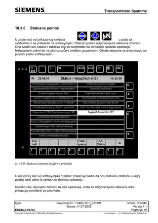 Transportation Systems
Opis dokument br.: F0489.38.1_020701 Strana 15 od45
Stanje: 01.07.2002 Verzija 1.1
ES64U2-V4/V5 Poglavlje 19
Copyright © Siemens AG 1998/1999. All Rights Reserved. 'Ime datoteke:‘ 1_01-18Display-Beschr_ES64U2-de
18.3.6 Statusna pomoć
U zavisnosti od prikazanog simbola u polju sa
simbolima 2 se pritiskom na softkey-tipku "Status" poziva odgovarajuća statusna stranica.
Ona sadrži sve uslove i zahteve koji su neophodni za izvođenje sledeće operacije.
Neispunjeni uslovi se na slici označeni svetlom pozadinom. Ostale statusne stranice mogu se
pozvati preko softkey-tipki.
sl. 18-9: Statusna stanica za glavni prekidač
U osnovnoj slici se softkey-tipka "Status" prikazuje samo za onu statusnu stranicu u kojoj
postoji neki uslov ili zahtev za sledeću operaciju.
Ukoliko nisu ispunjeni zahtevi za više operacija, onda se odgovarajuće statusne slike
prikazuju poređane po prioritetu.
 