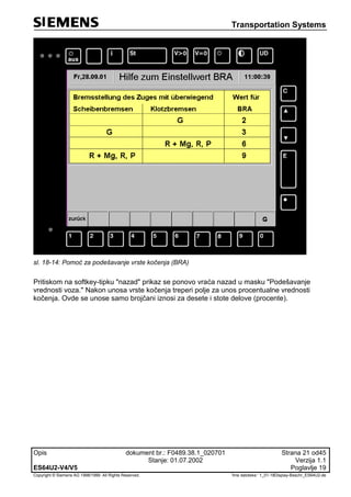 Transportation Systems
Opis dokument br.: F0489.38.1_020701 Strana 21 od45
Stanje: 01.07.2002 Verzija 1.1
ES64U2-V4/V5 Poglavlje 19
Copyright © Siemens AG 1998/1999. All Rights Reserved. 'Ime datoteke:‘ 1_01-18Display-Beschr_ES64U2-de
sl. 18-14: Pomoć za podešavanje vrste kočenja (BRA)
Pritiskom na softkey-tipku "nazad" prikaz se ponovo vraća nazad u masku "Podešavanje
vrednosti voza." Nakon unosa vrste kočenja treperi polje za unos procentualne vrednosti
kočenja. Ovde se unose samo brojčani iznosi za desete i stote delove (procente).
 