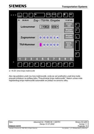 Transportation Systems
Opis dokument br.: F0489.38.1_020701 Strana 32 od45
Stanje: 01.07.2002 Verzija 1.1
ES64U2-V4/V5 Poglavlje 19
Copyright © Siemens AG 1998/1999. All Rights Reserved. 'Ime datoteke:‘ 1_01-18Display-Beschr_ES64U2-de
sl. 18-25: Unos broja mašinovođe
Ako nije potrebno uneti nov broj mašinovođe, onda se već prethodno uneti broj može
preuzeti pritiskom na softkey-tipku "Preuzimanje broja mašinovođe". Nakon unosa vrste
registarskog broja mašinovođe automatski se prelazi na osnovnu sliku.
 