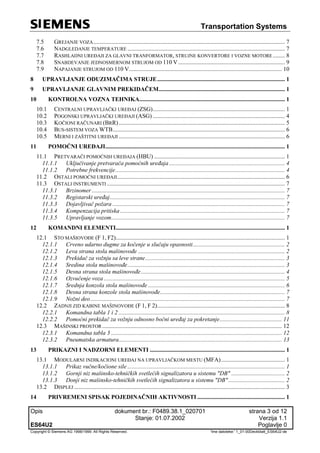 Transportation Systems
Opis dokument br.: F0489.38.1_020701 strana 3 od 12
Stanje: 01.07.2002 Verzija 1.1
ES64U2 Poglavlje 0
Copyright © Siemens AG 1998/1999. All Rights Reserved. 'Ime datoteke:' 1_01-00Deckblatt_ES64U2-de
7.5 GREJANJE VOZA................................................................................................................................. 7
7.6 NADGLEDANJE TEMPERATURE .......................................................................................................... 7
7.7 RASHLADNI UREĐAJI ZA GLAVNI TRANFORMATOR, STRUJNE KONVERTORE I VOZNE MOTORE ........ 8
7.8 SNABDEVANJE JEDNOSMERNOM STRUJOM OD 110 V........................................................................ 9
7.9 NAPAJANJE STRUJOM OD 110 V....................................................................................................... 10
8 UPRAVLJANJE ODUZIMAČIMA STRUJE...................................................................................... 1
9 UPRAVLJANJE GLAVNIM PREKIDAČEM..................................................................................... 1
10 KONTROLNA VOZNA TEHNIKA.................................................................................................. 1
10.1 CENTRALNI UPRAVLJAČKI UREĐAJ (ZSG)......................................................................................... 1
10.2 POGONSKI UPRAVLJAČKI UREĐAJI (ASG) ......................................................................................... 4
10.3 KOČIONI RAČUNARI (BRR)................................................................................................................ 5
10.4 BUS-SISTEM VOZA WTB.................................................................................................................... 6
10.5 MERNI I ZAŠTITNI UREĐAJI ................................................................................................................ 6
11 POMOĆNI UREĐAJI......................................................................................................................... 1
11.1 PRETVARAČI POMOĆNIH UREĐAJA (HBU) ........................................................................................ 1
11.1.1 Uključivanje pretvarača pomoćnih uređaja.............................................................................. 4
11.1.2 Potrebne frekvencije.................................................................................................................. 4
11.2 OSTALI POMOĆNI UREĐAJI................................................................................................................. 6
11.3 OSTALI INSTRUMENTI ........................................................................................................................ 7
11.3.1 Brzinomer .................................................................................................................................. 7
11.3.2 Registarski uređaj...................................................................................................................... 7
11.3.3 Dojavljivač požara .................................................................................................................... 7
11.3.4 Kompenzacija pritiska............................................................................................................... 7
11.3.5 Upravljanje vozom..................................................................................................................... 7
12 KOMANDNI ELEMENTI.................................................................................................................. 1
12.1 STO MAŠIOVOĐE (F 1, F2).................................................................................................................. 1
12.1.1 Crveno udarno dugme za kočenje u slučaju opasnosti.............................................................. 2
12.1.2 Leva strana stola mašinovođe ................................................................................................... 2
12.1.3 Prekidač za vožnju sa leve strane.............................................................................................. 3
12.1.4 Sredina stola mašinovođe.......................................................................................................... 3
12.1.5 Desna strana stola mašinovođe................................................................................................. 4
12.1.6 Ozvučenje voza .......................................................................................................................... 5
12.1.7 Srednja konzola stola mašinovođe ............................................................................................ 6
12.1.8 Desna strana konzole stola mašinovođe.................................................................................... 7
12.1.9 Nožni deo................................................................................................................................... 7
12.2 ZADNJI ZID KABINE MAŠINOVOĐE (F 1, F 2)...................................................................................... 8
12.2.1 Komandna tabla 1 i 2 ................................................................................................................ 8
12.2.2 Pomoćni prekidač za vožnju odnosno bočni uređaj za pokretanje.......................................... 11
12.3 MAŠINSKI PROSTOR ......................................................................................................................... 12
12.3.1 Komandna tabla 3 ................................................................................................................... 12
12.3.2 Pneumatska armatura.............................................................................................................. 13
13 PRIKAZNI I NADZORNI ELEMENTI ........................................................................................... 1
13.1 MODULARNI INDIKACIONI UREĐAJ NA UPRAVLJAČKOM MESTU (MFA)........................................... 1
13.1.1 Prikaz vučne/kočione sile .......................................................................................................... 1
13.1.2 Gornji niz mašinsko-tehničkih svetlećih signalizatora u sistemu "DB" .................................... 2
13.1.3 Donji niz mašinsko-tehničkih svetlećih signalizatora u sistemu "DB"...................................... 2
13.2 DISPLEJ .............................................................................................................................................. 3
14 PRIVREMENI SPISAK POJEDINAČNIH AKTIVNOSTI ........................................................... 1
 