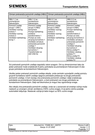 Transportation Systems
Opis dokument br.: F0489.38.1_020701 Strana 2 od8
Stanje: 01.07.2002 Verzija 1.1
ES64U2 Poglavlje 11
Copyright © Siemens AG 1998/1999. All Rights Reserved. 'Ime datoteke:‘ 1_01-11Hilfsbetriebe_ES64U2-de
Orman pretvarača pomoćnih uređaja (HBU)
1
Orman pretvarača pomoćnih uređaja (HBU)
2
HBU 1.1 sa
promenljivom
frekvencijom
HBU 1.2 sa
konstantnom
frekvencijom
HBU 2.1 sa
promenljivom
frekvencijom
HBU 2.2 sa
konstantnom
frekvencijom
Pomoćni uređaji
Grupa 1 (HB1):
Ventilator voznog
motora 1
Ventilator voznog
motora 2
Ventilator rashladnog
tornja 1
Pomoćni uređaji
Grupa 3 (HB3):
Kompresor
Pumpa rashladnog
sredstva
transformatora 1
Pumpa za vodu
strujnog konvertora 1
Ventilator armature
pretvarača pomoćnih
uređaja 1
Ventilator strujnog
konvertora 1
Transformator za
220 V/60 Hz
Pomoćni uređaji
Grupa 2 (HB2):
Ventilator voznog
motora 3
Ventilator voznog
motora 4
Ventilator rashladnog
tornja 2
Pomoćni uređaji
Grupa 4 (HB4):
Pumpa rashladnog
sredstva
transformatora 2
Pumpa za vodu
strujnog konvertora 2
Ventilattor armature
pretvarača pomoćnih
uređaja 2
Ventilator strujnog
konvertora 2
Klima-uređaj F1
Ventilator visokog
pritiska F1
Klima-uređaj F2
Ventilator visokog
pritiska F2
Svi pretvarači pomoćnih uređaja raspolažu istom snagom. Oni su dimenzionirani tako da
jedan pretvarač može snabdevati ili jednu potrošača sa promenljivom frekvencijom ili obe
grupe potrošača sa konstantnom frekvencijom.
Ukoliko jedan pretvarač pomoćnih uređaja otkaže, onda centralni upravljački uređaj pomoću
grupnih kontaktora radnih uređaja njegove potrošače prebacuje na druge pretvarače
pomoćnih uređaja. U tom slučaju dva pretvarača pomoćnih uređaja i dalje snabdevaju
potrošače sa promenljivom frekvencijom, a treći pretvarač sve druge potrošače sa
konstantnom frekvencijom. Dalji rad lokomotive je moguć bez ograničenja snage.
Ako otkažu dva pretvarača pomoćnih uređaja, onda se u zavisnosti od smetnje vožnja može
nastaviti uz smanjeni učinak ventilatora (100% vučne snage), ili se jedno obrtno postolje
automatski isključuje. Nastavak vožnje je tada moguć uz 50% vučne snage.
 