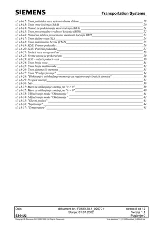 Transportation Systems
Opis dokument br.: F0489.38.1_020701 strana 8 od 12
Stanje: 01.07.2002 Verzija 1.1
ES64U2 Poglavlje 0
Copyright © Siemens AG 1998/1999. All Rights Reserved. 'Ime datoteke:' 1_01-00Deckblatt_ES64U2-de
sl. 18-12: Unos podataka voza sa kontrolnom slikom __________________________________________ 18
sl. 18-13: Unos vrste kočenja (BRA) _______________________________________________________ 20
sl. 18-14: Pomoć za podešavanje vrste kočenja (BRA) _________________________________________ 21
sl. 18-15: Unos procentualne vrednosti kočenja (BRH)_________________________________________ 22
sl. 18-16: Pomoćna tablica procentalne vrednosti kočenja BRH__________________________________ 23
sl. 18-17: Unos dužine voza (ZL) __________________________________________________________ 24
sl. 18-18: Unos maksimalne brzine (VMZ)___________________________________________________ 25
sl. 18-19: ZDE: Prenos podataka__________________________________________________________ 26
sl. 18-20: ZDE: Potvrda podataka _________________________________________________________ 27
sl. 18-21: Podaci voza su ograničeni _______________________________________________________ 28
sl. 18-22: Vreme unosa je prekoračeno _____________________________________________________ 29
sl. 18-23: ZDE – važeći podaci voza _______________________________________________________ 30
sl. 18-24: Unos broja voza _______________________________________________________________ 31
sl. 18-25: Unos broja mašinovođe _________________________________________________________ 32
sl. 18-26: Unos datuma ili vremena ________________________________________________________ 33
sl. 18-27: Unos "Predgrejavanje" _________________________________________________________ 34
sl. 18-28: "Blokiranje i oslobađanje memorije za registrovanje kratkih deonica" ____________________ 36
sl. 18-29: Pregled smetnji________________________________________________________________ 37
sl. 18-30: Info _________________________________________________________________________ 38
sl. 18-31: Mere za otklanjanje smetnji pri "v > 0"_____________________________________________ 39
sl. 18-32: Mere za otklanjanje smetnji pri "v = 0"_____________________________________________ 40
sl. 18-33: Uključivanje moda "Održavanje” _________________________________________________ 41
sl. 18-34: Isključivanje moda "Održavanje” _________________________________________________ 42
sl. 18-35: "Glavni podaci" _______________________________________________________________ 43
sl. 18-36: "Ispitivanje" __________________________________________________________________ 44
sl. 18-37: "Temperature” ________________________________________________________________ 45
 