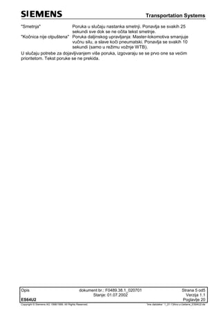 Transportation Systems
Opis dokument br.: F0489.38.1_020701 Strana 5 od5
Stanje: 01.07.2002 Verzija 1.1
ES64U2 Poglavlje 20
Copyright © Siemens AG 1998/1999. All Rights Reserved. 'Ime datoteke:‘ 1_01-13Anz-u-Ueberw_ES64U2-de
"Smetnja" Poruka u slučaju nastanka smetnji. Ponavlja se svakih 25
sekundi sve dok se ne očita tekst smetnje.
"Kočnica nije otpuštena" Poruka daljinskog upravljanja: Master-lokomotiva smanjuje
vučnu silu, a slave koči pneumatski. Ponavlja se svakih 10
sekundi (samo u režimu vožnje WTB).
U slučaju potrebe za dojavljivanjem više poruka, izgovaraju se se prvo one sa većim
prioritetom. Tekst poruke se ne prekida.
 