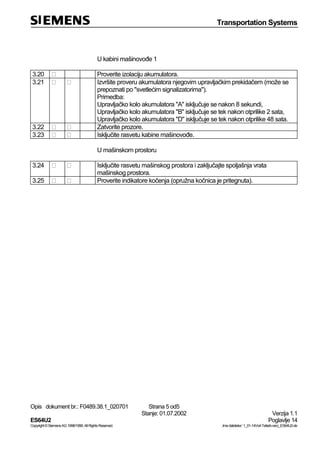 Transportation Systems
Opis dokument br.: F0489.38.1_020701 Strana 5 od5
Stanje: 01.07.2002 Verzija 1.1
ES64U2 Poglavlje 14
Copyright©SiemensAG1998/1999.AllRightsReserved. ‚Imedatoteke:‘1_01-14Vorl-Teilarb-verz_ES64U2-de
U kabini mašinovođe 1
3.20 Proverite izolaciju akumulatora.
3.21 Izvršite proveru akumulatora njegovim upravljačkim prekidačem (može se
prepoznati po "svetlećim signalizatorima").
Primedba:
Upravljačko kolo akumulatora "A" isključuje se nakon 8 sekundi,
Upravljačko kolo akumulatora "B" isključuje se tek nakon otprilike 2 sata,
Upravljačko kolo akumulatora "D" isključuje se tek nakon otprilike 48 sata.
3.22 Zatvorite prozore.
3.23 Isključite rasvetu kabine mašinovođe.
U mašinskom prostoru
3.24 Isključite rasvetu mašinskog prostora i zaključajte spoljašnja vrata
mašinskog prostora.
3.25 Proverite indikatore kočenja (opružna kočnica je pritegnuta).
 
