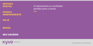 l e s s a k @ k y v o . c o m . b r
SERVIÇO
DIGITAL
MÚSICA
INDEPENDENTE
1 hora
HOJE
brasil
seu usuário
6) Criem formas que esse serviço digital
pode se expressar para
 