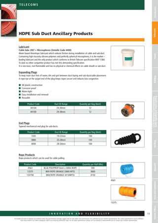 I n n o v a t i o n a n d F L E X I B I L I T Y
At Emtelle we strive to improve our products every day and therefore strongly suggest that all new orders and specifications be confirmed by your Emtelle representative. The current specifications may be different
from those listed in our latest catalogues, which are limited by publication date. For the latest specifications please visit our website at www.emtelle.com or contact your Emtelle representative.
13
Telec o m S
I n n o v a t i o n a n d F L E X I B I L I T Y
HDPE Sub Duct Ancillary Products
IntroductionTelecomsPowerBuilding
CCTV,MotorwayCommunications,
TrafficSignallingStreetLightingAncillaryAppendixTermsandConditionsEmtelleOffices
Lubricant
Cable lube 20LT + Microspheres (Emtelle Code 4400)
Water based thixotropic lubricant which reduces friction during installation of cable and sub-duct.
Containing high viscosity silicone polymers and perfectly spherical microspheres, it is the market –
leading lubricant and the only product which conforms to British Telecom specification MAT 138A.
To date no other competitor product has met this demanding specification.
It is non-toxic, non-flammable and has no physical or chemical effects on cable sheath or sub-duct.
Expanding Plugs
To keep main duct free of water, dirt and grit between duct-laying and sub-duct/cable placement.
A rope eye at the spigot end of the plug keeps ropes secure and reduces box congestion.
n	 All plastic construction
n	 Corrosion proof
n	 Water-tight
n	 Easy installation and removal
n	 Reusable
End Plugs
Tapered mechanical end plug for sub-ducts.
Rope Products
Rope products which can be used for cable pulling
Product Code Duct ID Range Quantity per Bag (Item)
4410A 24-30mm 12
4410D 29-38mm 12
Product Code Duct ID Range Quantity per Bag (Item)
7205 19-22mm 100
3884 25-28mm 100
4094 28-34mm 100
Product Code Description Quantity per Roll (Mts)
4563 BLUE POLYPROP 6mm x 500m ROPE 500
13375 8KN ROPE ORANGE (3660 MTS) 3660
13375B 8KN ROPE ORANGE (4150MTS) 4150
4563
13375
 