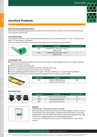 I n n o v a t i o n a n d F L E X I B I L I T Y
At Emtelle we strive to improve our products every day and therefore strongly suggest that all new orders and specifications be confirmed by your Emtelle representative. The current specifications may be different
from those listed in our latest catalogues, which are limited by publication date. For the latest specifications please visit our website at www.emtelle.com or contact your Emtelle representative.
14
Telec o m S
I n n o v a t i o n a n d F L E X I B I L I T Y
Ancillary Products
IntroductionTelecomsPowerBuildingCCTV,MotorwayCommunications,
TrafficSignallingStreetLighting
AncillaryAppendixTermsandConditionsEmtelleOffices
Duct Protection and Marking Products
Marker tapes to alert following utility services of the general location of fibre ductwork and HDPE trench tiles to offer token protection
from damage from trenching tools.
Green Marker Tapes
Green being the N.J.U.G colour code for CATV and Telecomm ductworks, these come with standard print of “Caution - Fibre Optic Cables
Below” or “Caution Telecoms Cable Below”.
These can be supplied with bespoke Colour/Printline giving company name and Emergency Free phone Number.
Trench Marker Tiles
n	Cable tiles are a heavy protection product manufactured from high impact recycled polyethylene sheet and are suitable to withstand
damage from plant and hand tools.
n	They are also suitable for fibre optic cables.
n	Cable tiles are fully jointed, laid overlapped and held firm with plastic jointing pegs.
n	They are a suitable direct replacement for concrete covers and steel plate.
n	These are generally supplied with standard print of “Caution - Fibre Optic Cables Below” or “Caution Telecoms Cable Below”.
n	Bespoke Colour/Printline giving company name and their Emergency free phone number can also be supplied.
Termination boxes
Lubricant
Cable lube 20LT + Microspheres (Emtelle Code 4400)
Water based thixotropic lubricant which reduces friction during installation of cable and sub-duct.
Containing high viscosity silicone polymers and perfectly spherical microspheres, it is the market –
leading lubricant and the only product which conforms to British Telecom specification MAT 138A.
To date no other competitor product has met this demanding specification.
It is non-toxic, non-flammable and has no physical or chemical effects on cable sheath or
sub-duct.
Product Code Description Quantity per Bag (Item)
4857 MARKER TAPE: CAUTION TEL CABLES
(365m per roll)
1
4785 MARKER TAPE: FIBRE OPTIC CABLE
(365m per roll)
1
Product Code Description Quantity per Pallet (Item)
5606 CABLE TILE 1000x150x11mm
‘Caution – Fibre Optic Cable’
500
Product Code Description Quantity per Bag (Item)
4531 D Shaped Swivel Termination Box 50
4579 Triangular Termination Box 50
4604 Square SID Termination Box 50
 