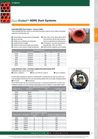 At Emtelle we strive to improve our products every day and therefore strongly suggest that all new orders and specifications be confirmed by your Emtelle representative. The current specifications may be different
from those listed in our latest catalogues, which are limited by publication date. For the latest specifications please visit our website at www.emtelle.com or contact your Emtelle representative.
27
Telec o m S
I n n o v a t i o n a n d F L E X I B I L I T Y
At Emtelle we strive to improve our products every day and therefore strongly suggest that all new orders and specifications be confirmed by your Emtelle representative. The current specifications may be different
from those listed in our latest catalogues, which are limited by publication date. For the latest specifications please visit our website at www.emtelle.com or contact your Emtelle representative.
27
p o we r
I n n o v a t i o n a n d F L E X I B I L I T Y
IntroductionTelecomsPowerBuilding
CCTV,MotorwayCommunications,
TrafficSignallingStreetLightingAncillaryAppendixTermsandConditionsEmtelleOffices
HDPE Duct Systems
Solid Wall HDPE Duct System – Service Cables
Coiled Solid Wall HDPE duct systems are used within the power market for service cables and specialist
applications. Small diameter coils:
n	 Strong,flexible and impact resistant yet lightweight
n	 Easy to work with
n	 Flexible,even at well below zero temperature
n	 Long life resistance to fatigue
n	 Resistant to many common liquids and chemicals
n	 Immune to most corrosion or fungal contamination
Large Diameter Coils – Trenchless Applications/Directional Drill
Polyethylene pipe systems may provide:
n Quicker installation
PE itself is light and flexible but maintains its durability.With a comprehensive size range up to 250mm,the
main advantage of this duct over PVC is the secure jointing methods.There are two types of jointing methods:
n Butt-fused
These methods allow the duct to be jointed securely in a continuous length which can allow new
installation methods to be used including moleploughing, direction drilling or no dig (shallow depth).
Black Electrical Coils
Product Code Description Coil Length (Mts) Quantity per Pack (Mts)
5723S 37/32mm 50 200
5723 37/32mm 100 400
5846 38/32mm 100 400
5075 44/38mm 100 400
5073 54/46mm 50 200
5847 58/50mm 50 200
5847L 58/50mm 100 400
Black Large Diameter Electrical Coils
Product Code Description SDR
(Standard Dimension Ratio)
Quantity per Pack
(Mts)
9676 90mm 11 100
9676S 90mm 11 50
9667 110mm 11 100
9667S 110mm 11 50
9678 125mm 11 100
9678S 125mm 11 50
9679 160mm 11 100
9679S 160mm 11 50
9681 180mm 11 100
9681S 180mm 11 50
Black PE Electric Cable Duct
Product Code Description Duct Length
(Mts)
SDR Quantity per Pallet Duct or Bag
for Accessories (Mts or Item)
9896 110mm 6 11 228
9896L 110mm 12 11 480
9897 125mm 6 11 204
9897L 125mm 12 11 408
9951 160mm 12 11 200
9909 180mm 6 11 102
9909L 180mm 12 11 204
n	25mm,32mm,37mm,38mm,44mm,50mm,
54mm and 63mm OD duct sizes to meet op-
timum size requirements for cable placement.
n	Coil lengths to suit client requirements
(typically 50m, 100m and 150m.)
n	Banded and film wrapped for ease of handling.
n More cost effective solutions
n Electrofusion
n Easier installation
 