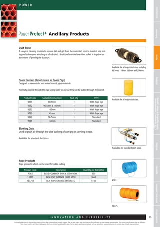 At Emtelle we strive to improve our products every day and therefore strongly suggest that all new orders and specifications be confirmed by your Emtelle representative. The current specifications may be different
from those listed in our latest catalogues, which are limited by publication date. For the latest specifications please visit our website at www.emtelle.com or contact your Emtelle representative.
29
p o we r
I n n o v a t i o n a n d F L E X I B I L I T Y
IntroductionTelecomsPowerBuilding
CCTV,MotorwayCommunications,
TrafficSignallingStreetLightingAncillaryAppendixTermsandConditionsEmtelleOffices
Blowing Guns
Used to push air through the pipe pushing a foam pig or carrying a rope.
Available for standard duct sizes.
Rope Products
Rope products which can be used for cable pulling
Product Code Description Quantity per Roll (Mts)
4563 BLUE POLYPROP 6mm x 500m ROPE 500
13375 8KN ROPE ORANGE (3660 MTS) 3660
13375B 8KN ROPE ORANGE (4150MTS) 4150
Available for standard duct sizes.
4563
13375
Available for all major duct sizes including
96.5mm,110mm,160mm and 200mm.
Available for all major duct sizes.
Product Code Suitable for Duct size Pack Qty TYPE
9271 88.9mm 1 With Rope eye
9272 96.5mm  110mm 1 With Rope eye
9273 160mm 1 With Rope eye
9739 42mm 1 With Rope eye
9940 96.5mm 1 Standard
9941 160mm 1 Standard
Duct Brush
A range of cleaning brushes to remove dirt and grit from the main duct prior to mandrel size test-
ing and subsequent winching-in of sub-duct. Brush and mandrel are often pulled in together as
the means of proving the duct run.
Foam Carriers (Also known as Foam Pigs)
Designed to remove dirt and water from all pipe materials.
Normally pushed through the pipe using water or air, but they can be pulled through if required.
Ancillary Products
 