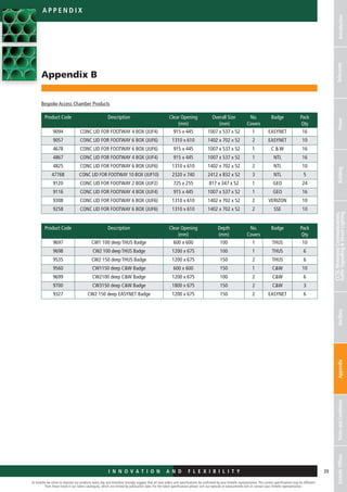 At Emtelle we strive to improve our products every day and therefore strongly suggest that all new orders and specifications be confirmed by your Emtelle representative. The current specifications may be different
from those listed in our latest catalogues, which are limited by publication date. For the latest specifications please visit our website at www.emtelle.com or contact your Emtelle representative.
39
a ppe n d ix
I n n o v a t i o n a n d F L E X I B I L I T Y
IntroductionTelecomsPowerBuilding
CCTV,MotorwayCommunications,
TrafficSignallingStreetLightingAncillaryAppendixTermsandConditionsEmtelleOffices
Appendix B
Bespoke Access Chamber Products
Product Code Description Clear Opening
(mm)
Overall Size
(mm)
No.
Covers
Badge Pack
Qty
9094 CONC LID FOR FOOTWAY 4 BOX (JUF4) 915 x 445 1007 x 537 x 52 1 EASYNET 16
9057 CONC LID FOR FOOTWAY 6 BOX (JUF6) 1310 x 610 1402 x 702 x 52 2 EASYNET 10
4678 CONC LID FOR FOOTWAY 6 BOX (JUF6) 915 x 445 1007 x 537 x 52 1 C  W 16
4867 CONC LID FOR FOOTWAY 4 BOX (JUF4) 915 x 445 1007 x 537 x 52 1 NTL 16
4825 CONC LID FOR FOOTWAY 6 BOX (JUF6) 1310 x 610 1402 x 702 x 52 2 NTL 10
4776B CONC LID FOR FOOTWAY 10 BOX (JUF10) 2320 x 740 2412 x 832 x 52 3 NTL 5
9120 CONC LID FOR FOOTWAY 2 BOX (JUF2) 725 x 255 817 x 347 x 52 1 GEO 24
9116 CONC LID FOR FOOTWAY 4 BOX (JUF4) 915 x 445 1007 x 537 x 52 1 GEO 16
9308 CONC LID FOR FOOTWAY 6 BOX (JUF6) 1310 x 610 1402 x 702 x 52 2 VERIZON 10
9258 CONC LID FOR FOOTWAY 6 BOX (JUF6) 1310 x 610 1402 x 702 x 52 2 SSE 10
Product Code Description Clear Opening
(mm)
Depth
(mm)
No.
Covers
Badge Pack
Qty
9697 CW1 100 deep THUS Badge 600 x 600 100 1 THUS 10
9698 CW2 100 deep THUS Badge 1200 x 675 100 1 THUS 6
9535 CW2 150 deep THUS Badge 1200 x 675 150 2 THUS 6
9560 CW1150 deep CW Badge 600 x 600 150 1 CW 10
9699 CW2100 deep CW Badge 1200 x 675 100 2 CW 6
9700 CW3150 deep CW Badge 1800 x 675 150 2 CW 3
9327 CW2 150 deep EASYNET Badge 1200 x 675 150 2 EASYNET 6
 