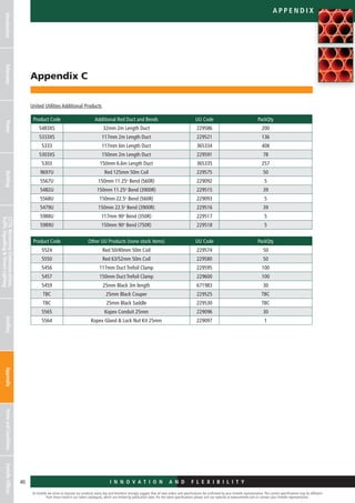 At Emtelle we strive to improve our products every day and therefore strongly suggest that all new orders and specifications be confirmed by your Emtelle representative. The current specifications may be different
from those listed in our latest catalogues, which are limited by publication date. For the latest specifications please visit our website at www.emtelle.com or contact your Emtelle representative.
40
a ppe n d ix
I n n o v a t i o n a n d F L E X I B I L I T Y
IntroductionTelecomsPowerBuildingCCTV,MotorwayCommunications,
TrafficSignallingStreetLighting
AncillaryAppendixTermsandConditionsEmtelleOffices
Appendix C
United Utilities Additional Products
Product Code Additional Red Duct and Bends UU Code PackQty
5483XS 32mm 2m Length Duct 229586 200
5333XS 117mm 2m Length Duct 229521 136
5333 117mm 6m Length Duct 365334 408
5303XS 150mm 2m Length Duct 229591 78
5303 150mm 6.6m Length Duct 365335 257
9697U Red 125mm 50m Coil 229575 50
5567U 150mm 11.25o
Bend (560R) 229092 5
5482U 150mm 11.25o
Bend (3900R) 229515 39
5568U 150mm 22.5o
Bend (560R) 229093 5
5479U 150mm 22.5o
Bend (3900R) 229516 39
5988U 117mm 90o
Bend (350R) 229517 5
5989U 150mm 90o
Bend (750R) 229518 5
Product Code Other UU Products (none stock items) UU Code PackQty
5524 Red 50/40mm 50m Coil 229574 50
5550 Red 63/52mm 50m Coil 229580 50
5456 117mm Duct Trefoil Clamp 229595 100
5457 150mm Duct Trefoil Clamp 229600 100
5459 25mm Black 3m length 671983 30
TBC 25mm Black Couper 229525 TBC
TBC 25mm Black Saddle 229530 TBC
5565 Kopex Conduit 25mm 229096 30
5564 Kopex Gland  Lock Nut Kit 25mm 229097 1
 