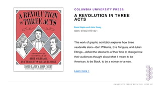 U N I V E R S I T Y P R E S S W E E K 2 0 2 1 K E E P U P
A REVOLUTION IN THREE
ACTS
David Hajdu and John Carey
ISBN: 9780231191821
COLUMBIA UNIVERSITY PRESS
I M A G E H E R E
This work of graphic nonfiction explores how three
vaudeville stars—Bert Williams, Eva Tanguay, and Julian
Eltinge—defied the standards of their time to change how
their audiences thought about what it meant to be
American, to be Black, to be a woman or a man.
Learn more >
 