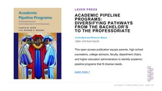 U N I V E R S I T Y P R E S S W E E K 2 0 2 1 K E E P U P
ACADEMIC PIPELINE
PROGRAMS:
DIVERSIFYING PATHWAYS
FROM THE BACHELOR'S
TO THE PROFESSORIATE
Curtis Byrd and Rihana S. Mason
ISBN: 9781643150239
LEVER PRESS
I M A G E H E R E
This open access publication equips parents, high school
counselors, college advisors, faculty, department chairs,
and higher education administrators to identify academic
pipeline programs that fit diverse needs.
Learn more >
 
