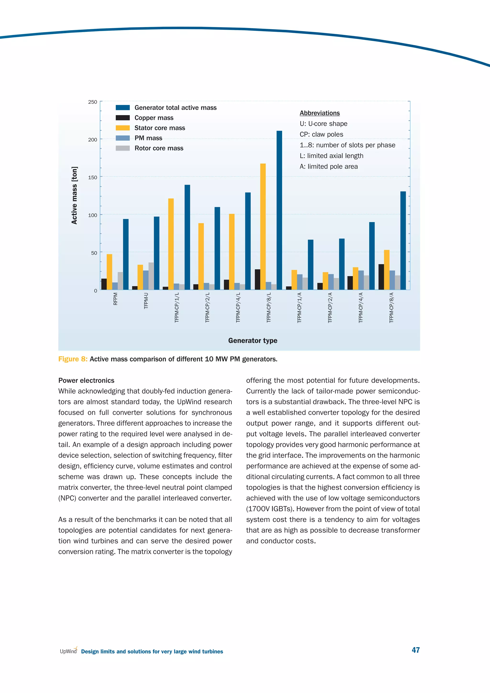250
                                             Generator total active mass
                                                                                                                                 Abbreviations
                                             Copper mass
                                                                                                                                 U: U-core shape
                                             Stator core mass
                                                                                                                                 CP: claw poles
                          200                PM mass
                                             Rotor core mass                                                                     1..8: number of slots per phase
                                                                                                                                 L: limited axial length
                                                                                                                                 A: limited pole area
    Active mass [ton]




                          150




                          100




                           50




                             0
                                    RFPM




                                                TFPM-U




                                                            TFPM-CP/1/L




                                                                          TFPM-CP/2/L




                                                                                          TFPM-CP/4/L




                                                                                                              TFPM-CP/8/L




                                                                                                                            TFPM-CP/1/A




                                                                                                                                           TFPM-CP/2/A




                                                                                                                                                         TFPM-CP/4/A




                                                                                                                                                                       TFPM-CP/8/A
                                                                                        Generator type

Figure 8: Active mass comparison of different 10 MW PM generators.

Power electronics                                                                                       offering the most potential for future developments.
While acknowledging that doubly-fed induction genera-                                                   Currently the lack of tailor-made power semiconduc-
tors are almost standard today, the UpWind research                                                     tors is a substantial drawback. The three-level NPC is
focused on full converter solutions for synchronous                                                     a well established converter topology for the desired
generators. Three different approaches to increase the                                                  output power range, and it supports different out-
power rating to the required level were analysed in de-                                                 put voltage levels. The parallel interleaved converter
tail. An example of a design approach including power                                                   topology provides very good harmonic performance at
device selection, selection of switching frequency, filter                                              the grid interface. The improvements on the harmonic
design, efficiency curve, volume estimates and control                                                  performance are achieved at the expense of some ad-
scheme was drawn up. These concepts include the                                                         ditional circulating currents. A fact common to all three
matrix converter, the three-level neutral point clamped                                                 topologies is that the highest conversion efficiency is
(NPC) converter and the parallel interleaved converter.                                                 achieved with the use of low voltage semiconductors
                                                                                                        (1700V IGBTs). However from the point of view of total
As a result of the benchmarks it can be noted that all                                                  system cost there is a tendency to aim for voltages
topologies are potential candidates for next genera-                                                    that are as high as possible to decrease transformer
tion wind turbines and can serve the desired power                                                      and conductor costs.
conversion rating. The matrix converter is the topology




                        Design limits and solutions for very large wind turbines                                                                                                     47
 