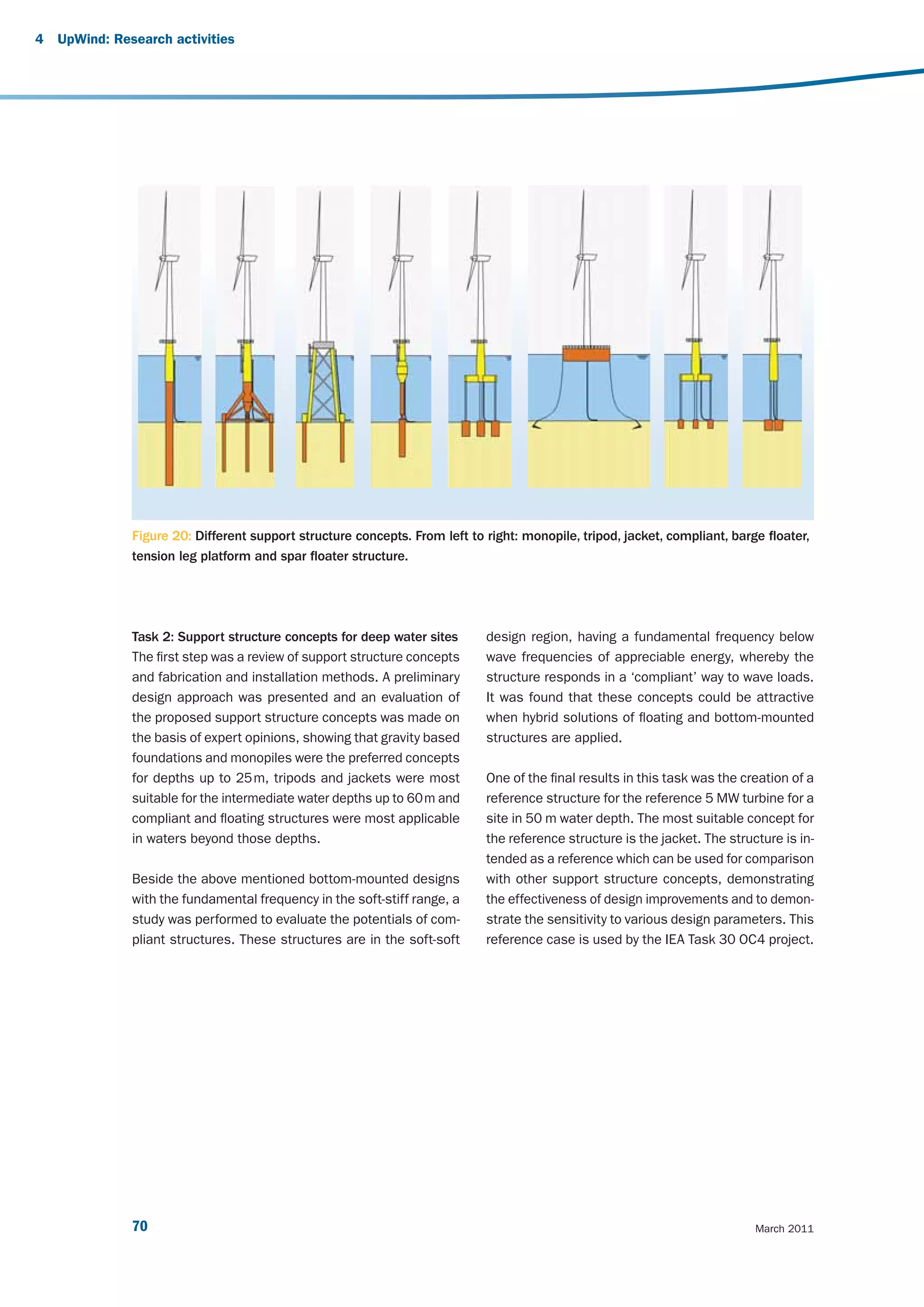 4   UpWind: Research activities




               Figure 20: Different support structure concepts. From left to right: monopile, tripod, jacket, compliant, barge floater,
               tension leg platform and spar floater structure.




               Task 2: Support structure concepts for deep water sites       design region, having a fundamental frequency below
               The first step was a review of support structure concepts     wave frequencies of appreciable energy, whereby the
               and fabrication and installation methods. A preliminary       structure responds in a ‘compliant’ way to wave loads.
               design approach was presented and an evaluation of            It was found that these concepts could be attractive
               the proposed support structure concepts was made on           when hybrid solutions of floating and bottom-mounted
               the basis of expert opinions, showing that gravity based      structures are applied.
               foundations and monopiles were the preferred concepts
               for depths up to 25 m, tripods and jackets were most          One of the final results in this task was the creation of a
               suitable for the intermediate water depths up to 60 m and     reference structure for the reference 5 MW turbine for a
               compliant and floating structures were most applicable        site in 50 m water depth. The most suitable concept for
               in waters beyond those depths.                                the reference structure is the jacket. The structure is in-
                                                                             tended as a reference which can be used for comparison
               Beside the above mentioned bottom-mounted designs             with other support structure concepts, demonstrating
               with the fundamental frequency in the soft-stiff range, a     the effectiveness of design improvements and to demon-
               study was performed to evaluate the potentials of com-        strate the sensitivity to various design parameters. This
               pliant structures. These structures are in the soft-soft      reference case is used by the IEA Task 30 OC4 project.




               70                                                                                                            March 2011
 