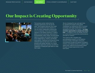 7
Our Impact is Creating Opportunity
We are changing the way work gets done
by operating the largest online global
marketplace, as measured by GSV, to connect
businesses with highly skilled talent without
geographical barriers. Our mission — to create
economic opportunities so people have better
lives — is integral to how we operate, promote
our culture and hiring practices, build products,
and lead our industry.
This comes to life in tangible ways:
groundbreaking research on the freelance
economy trends, meaningful community
commitments through the Upwork Foundation
Initiative, and helping workers on a global scale
reduce their collective environmental impact
through increased opportunity to work
from home.
The business-worker relationship has
changed significantly over the last 20
years. Technological advances have made
our work possible and have ushered in a
new era where independent professionals
are an increasingly critical and expanding
segment of the global workforce. In today’s
global economy, businesses need access to
knowledgeable, highly skilled, and specialized
talent to compete, and workers are seeking
more independence, mobility, and flexible
work options. Traditional recruiting and hiring
methods have not kept pace with current
business and worker demands. As a result,
businesses need more seamless and efficient
integration in finding the right talent to meet
their needs.
MESSAGE FROM OUR CEO OUR BUSINESS OUR IMPACT ETHICS, INTEGRITY & GOVERNANCE OUR TEAM
Our Impact is Creating Opportunity 7
 