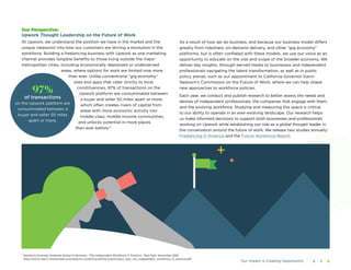 9
Our Perspective:
Upwork Thought Leadership on the Future of Work
At Upwork, we understand the position we have in the market and the
unique viewpoint into how our customers are driving a revolution in the
workforce. Building a freelancing business with Upwork as one marketing
channel provides tangible benefits to those living outside the major
metropolitan cities, including economically depressed or underserved
areas, where options for work are limited now more
than ever. Unlike conventional “gig economy”
sites and apps that cater strictly to local
constituencies, 97% of transactions on the
Upwork platform are consummated between
a buyer and seller 50 miles apart or more,
which often creates rivers of capital from
areas with more economic activity into
middle-class, middle-income communities,
and unlocks potential in more places
than ever before.4
97%
of transactions
on the Upwork platform are
consummated between a
buyer and seller 50 miles
apart or more.
As a result of how we do business, and because our business model differs
greatly from rideshare, on-demand delivery, and other “gig economy”
platforms, but is often conflated with these models, we use our voice as an
opportunity to educate on the size and scope of the broader economy. We
deliver key insights, through earned media to businesses and independent
professionals navigating the talent transformation, as well as in public
policy arenas, such as our appointment to California Governor Gavin
Newsom’s Commission on the Future of Work, where we can help shape
new approaches to workforce policies.
Each year, we conduct and publish research to better assess the needs and
desires of independent professionals, the companies that engage with them,
and the evolving workforce. Studying and measuring this space is critical
to our ability to operate in an ever-evolving landscape. Our research helps
us make informed decisions to support both businesses and professionals
working on Upwork while establishing our role as a global thought leader in
the conversation around the future of work. We release two studies annually:
Freelancing in America and the Future Workforce Report.
Our Impact is Creating Opportunity
4
Stanford University Graduate School of Business, “The Independent Workforce in America,” Paul Oyer, November 2016.
https://s3-us-west-1.amazonaws.com/adquiro-content-prod/documents/paul_oyer_the_independent_workforce_in_america.pdf
 