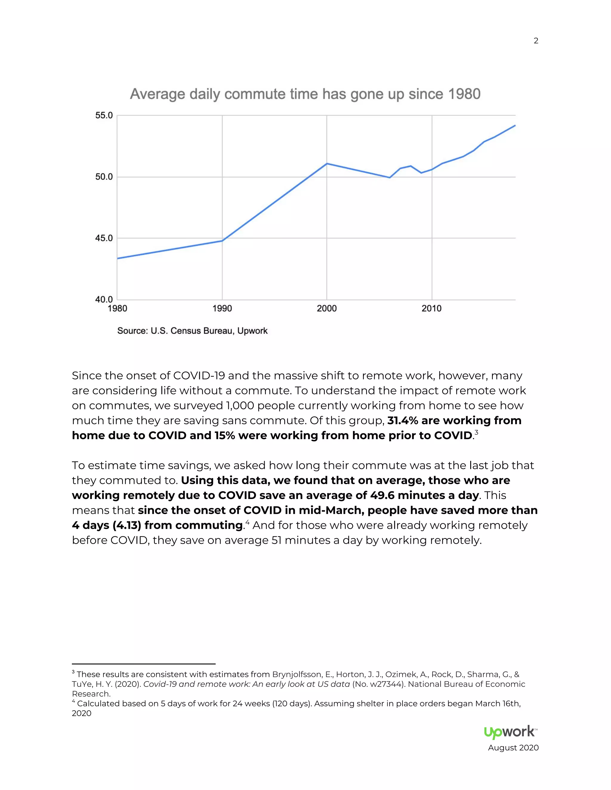 2
Since the onset of COVID 19 and the massive shift to remote work, however, many
are considering life without a commute. To understand the impact of remote work
on commutes, we surveyed 1,000 people currently working from home to see how
much time they are saving sans commute. Of this group, a e ki g f m
h me d e COVID a d e e ki g f m h me i COVID.3
To estimate time savings, we asked how long their commute was at the last job that
they commuted to. U i g hi da a e f d ha a e age h e h a e
ki g em el d e COVID a e a a e age f mi e a da . This
means that i ce he e f COVID i mid Ma ch e le ha e a ed m e ha
da f m c mm i g. And for those who were already working remotely4
before COVID, they save on average 51 minutes a day by working remotely.
3
​These results are consistent with estimates from Brynjolfsson, E., Horton, J. J., Ozimek, A., Rock, D., Sharma, G.,
TuYe, H. Y. 2020 . Covid 19 and remote work An early look at US data No. w27344 . National Bureau of Economic
Research.
4
Calculated based on 5 days of work for 24 weeks 120 days . Assuming shelter in place orders began March 16th,
2020
August 2020
 