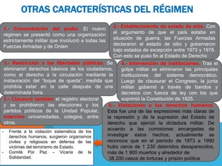 OTRAS CARACTERÍSTICAS DEL RÉGIMEN
1.- Concentración del poder. El nuevo
régimen se presentó como una organización
estrictamente militar que involucró a todas las
Fuerzas Armadas y de Orden
3.- Restricción a las libertades públicas. Se
eliminaron derechos básicos de los ciudadanos,
como el derecho a la circulación mediante la
instauración del “toque de queda”, medida que
prohibía estar en la calle después de una
determinada hora.
6.- Violaciones a los derechos humanos.
Esta fue una de las expresiones más claras de
la represión y de la supresión del Estado de
derecho que ejerció la dictadura militar. De
acuerdo a las comisiones encargadas de
investigar estos hechos, actualmente se
reconoce que en el período de 1973 a 1990
hubo cerca de 1 230 detenidos desaparecidos,
más de 1 900 muertos y alrededor de
38 200 casos de torturas y prisión política.
5.- Clausuró también el registro electoral
y se prohibieron las elecciones y los
partidos políticos de la Unidad Popular,
intervino universidades, colegios, entre
otros.
4.- Intervención de instituciones. Tras el
golpe militar se eliminaron las principales
instituciones del sistema democrático.
Luego de clausurar el Congreso, la junta
militar gobernó a través de bandos y
decretos con fuerza de ley con los que
suprimió la Constitución de 1925.
2.- Establecimiento de estado de sitio. Con
el argumento de que el país estaba en
situación de guerra, las Fuerzas Armadas
declararon el estado de sitio y gobernaron
bajo estados de excepción entre 1973 y 1978.
Con esto se puso fin al Estado de Derecho
- Frente a la violación sistemática de los
derechos humanos, surgieron organismos
civiles y religiosos en defensa de las
víctimas del terrorismo de Estado.
- Comité Por Paz – Vicaria de la
Solidaridad.
 