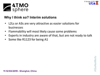 A
P. Hrnjak 21/29
Why I think so? Interim solutions
• L2Ls or A3s are very attractive as easier solutions for
businesses
• Flammability will most likely cause some problems
• Experts in industry are aware of that, but are not ready to talk
• Some like R1123 for being A1
 