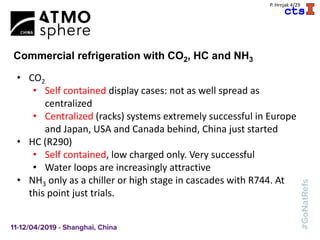 A
P. Hrnjak 4/29
Commercial refrigeration with CO2, HC and NH3
• CO2
• Self contained display cases: not as well spread as
centralized
• Centralized (racks) systems extremely successful in Europe
and Japan, USA and Canada behind, China just started
• HC (R290)
• Self contained, low charged only. Very successful
• Water loops are increasingly attractive
• NH3 only as a chiller or high stage in cascades with R744. At
this point just trials.
 