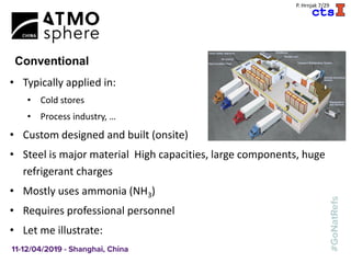 A
P. Hrnjak 7/29
Conventional
• Typically applied in:
• Cold stores
• Process industry, …
• Custom designed and built (onsite)
• Steel is major material High capacities, large components, huge
refrigerant charges
• Mostly uses ammonia (NH3)
• Requires professional personnel
• Let me illustrate:
 