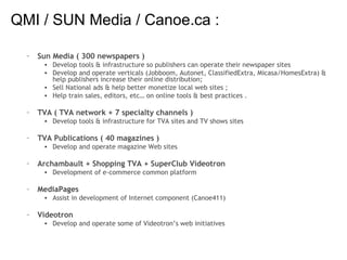 Sun Media ( 300 newspapers ) Develop tools & infrastructure so publishers can operate their newspaper sites Develop and operate verticals (Jobboom, Autonet, ClassifiedExtra, Micasa/HomesExtra) & help publishers increase their online distribution;  Sell National ads & help better monetize local web sites ; Help train sales, editors, etc… on online tools & best practices . TVA ( TVA network + 7 specialty channels ) Develop tools & infrastructure for TVA sites and TV shows sites TVA Publications ( 40 magazines )  Develop and operate magazine Web sites Archambault + Shopping TVA + SuperClub Videotron Development of e-commerce common platform MediaPages Assist in development of Internet component (Canoe411) Videotron Develop and operate some of Videotron’s web initiatives QMI / SUN Media / Canoe.ca : 