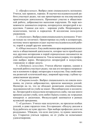 161
2. «Профессионал». Выбрал свою специальность осознанно.
Учится, как правило, хорошо. В научно-исследовательской ра-
боте участвует редко, так как ориентирован на послевузовскую
практическую деятельность. Принимает участие в обществен-
ной работе, добросовестно выполняя поручения. По мере воз-
можности занимается спортом, интересуется литературой и ис-
кусством. Главное для него – хорошая учеба. Непримирим к
недостаткам, честен и порядочен. В коллективе пользуется
уважением.
3. «Академик». Выбрал свою специальность осознанно. Учит-
ся только на «отлично». Ориентирован на учебу в аспирантуре,
поэтому много времени отдает научно-исследовательской рабо-
те, порой в ущерб другим занятиям.
4. «Общественник». Емусвойственна ярко выраженная склон-
ность к общественной деятельности, которая часто преобладает
над другими интересами и порой отрицательно сказывается на
учебной и научной активности. Тем не менееуверен, что профес-
сию выбрал верно. Интересуется литературой и искусством,
«заводила» в сфере досуга.
5. «Любитель искусств». Учится обычно хорошо, однако в
научной работе участвует редко, так как его интересы направле-
ны в основном в сферу литературы и искусства. Ему свойствен-
ны развитый эстетический вкус, широкий кругозор, глубоко ху-
дожественная эрудиция.
6. «Старательный». Выбрал специальность не совсем осоз-
нанно, но учится добросовестно, прилагая максимум усилий.
Несмотря на то, что не обладает развитыми способностями,
задолженностей по учебе не имеет. Малообщителен в коллекти-
ве. Литературой и искусством интересуется слабо, так как много
времени уделяет учебе, хотя любит бывать в кино, на эстрадных
концертах и дискотеках. Физкультурой занимается в рамках
вузовской программы.
7. «Середняк». Учится «как получится», не прилагая особых
усилий, и даже гордится этим. Его принцип: «Получу диплом и
буду работать не хуже других». При выборе профессии долго не
раздумывал. Убежден, что если поступил, то нужно закончить
вуз. Старается учиться хорошо, но от учебы не испытывает
удовлетворения.
 