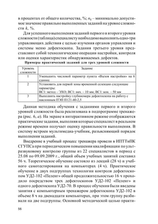 56
в процентах от общего количества, %; nk – минимально допусти-
моезначениеправильновыполненных заданий на уровнесложно-
сти k, %.
Для успешного выполнения заданий первого и второго уровня
сложности(таблица)специалистунеобходимовыполнитьодно-три
управляющих действия с целью изучения органов управления и
системы меню дефектоскопа. Задания третьего уровня пред-
ставляют собой технологические операции настройки, контроля
или оценки характеристик обнаруживаемых дефектов.
Примеры практический заданий для трех уровней сложности
Данная методика обучения с заданиями первого и второго
уровней сложности была реализована в подпрограмме тренаже-
ра (рис. 6, а). На экране в интерактивном режиме отображаются
практическиезадания, выполняя которыеспециалист в реальном
режиме времени получает оценку правильности выполнения. В
систему встроен мультимедиа-учебник, разъясняющий порядок
выполнениязаданий.
Внедрение в учебный процесс тренажера провели в ИПТТиПК
СГУПСа при периодическом повышении квалификации по ульт-
развуковому контролю группы из 22 специалистов в период с
25.08 по 09.09.2009 г., общий объем учебных занятий составил
56 ч. Теоретическое обучение состояло из лекций (28 ч) и учеб-
ного самотестирования на компьютерах (4 ч). Практическое
обучение в двух подгруппах технологии контроля дефектоско-
пом УД2-102 «Пеленг» общей продолжительностью 16 ч прохо-
дило посредством трех дефектоскопов УД2-102 «Пеленг» и
одного дефектоскопа УД2-70. В процесс обучения были введены
занятия с компьютерным тренажером дефектоскопа УД2-102 в
объеме 8 ч на двенадцати компьютерах, при этом группу разби-
вали на две подгруппы. Основной методической целью практи-
Уровень
сложности
Задание
1 Уменьшить числовой параметр пункта «Вызов настройки» на 6
единиц
2 Установить для первой зоны временной селекции следующие
параметры:
ВС1: метод – ЭХО; ВС1: нач. – 10 мм; BC1: кон. – 50 мм
3 Выполнить настройку глубиномера дефектоскопа на работу с
наклонным ПЭП П121-40-2,5
 