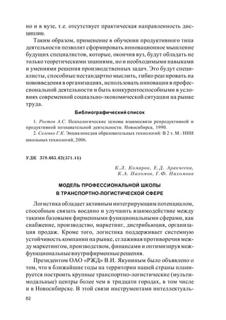 82
но и в вузе, т.е. отсутствует практическая направленность дис-
циплин.
Таким образом, применение в обучении продуктивного типа
деятельности позволит сформировать инновационноемышление
будущих специалистов, которые, окончив вуз, будут обладать не
только теоретическими знаниями, но и необходимыми навыками
и умениями решения производственных задач. Это будут специ-
алисты, способные нестандартно мыслить, гибко реагировать на
нововведения в организациях, использовать инновации в профес-
сиональной деятельности и быть конкурентоспособными в усло-
виях современной социально-экономической ситуации на рынке
труда.
Библиографический список
1. Ростов А.С. Психологические основы взаимосвязи репродуктивной и
продуктивной познавательной деятельности. Новосибирск, 1990.
2. Селевко Г.К. Энциклопедия образовательных технологий: В 2 т. М.: НИИ
школьных технологий, 2006.
УДК 378.665.62(571.14)
К.Л. Комаров, Е.Д. Аракчеева,
К.А. Пахомов, Г.Ф. Пахомова
МОДЕЛЬ ПРОФЕССИОНАЛЬНОЙ ШКОЛЫ
В ТРАНСПОРТНО-ЛОГИСТИЧЕСКОЙ СФЕРЕ
Логистика обладает активным интегрирующим потенциалом,
способным связать воедино и улучшить взаимодействие между
такими базовыми фирменными функциональными сферами, как
снабжение, производство, маркетинг, дистрибьюция, организа-
ция продаж. Кроме того, логистика поддерживает системную
устойчивость компании на рынке, сглаживая противоречия меж-
ду маркетингом, производством, финансами и оптимизируя меж-
функциональныевнутрифирменныерешения.
Президентом ОАО «РЖД» В.И. Якуниным было объявлено о
том, что в ближайшие годы на территории нашей страны плани-
руется построить крупные транспортно-логистические (мульти-
модальные) центры более чем в тридцати городах, в том числе
и в Новосибирске. В этой связи инструментами интеллектуаль-
 