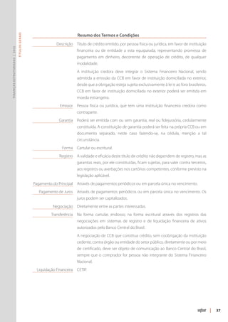 Resumo dos Termos e Condições
                               Títulos Gerais




                                                	            Descrição 	Título de crédito emitido, por pessoa física ou jurídica, em favor de instituição
Finanças Estruturadas | 2012




                                                                         financeira ou de entidade a esta equiparada, representando promessa de
                                                                         pagamento em dinheiro, decorrente de operação de crédito, de qualquer
                                                                         moda­idade.
                                                                             l
                                                		 A instituição credora deve integrar o Sistema Financeiro Nacional, sendo
                                                                         admitida a emissão da CCB em favor de instituição domiciliada no exterior,
                                                                         desde que a obrigação esteja sujeita exclusivamente à lei e ao foro brasileiros.
                                                                         CCB em favor de instituição domiciliada no exterior poderá ser emitida em
                                                                         moeda estrangeira.
                                                	              Emissor	 Pessoa física ou jurídica, que tem uma instituição financeira credora como
                                                                         contraparte.
                                                	Garantia	 Poderá ser emitida com ou sem garantia, real ou fidejussória, cedularmente
                                                                         constituída. A constituição de garantia poderá ser feita na própria CCB ou em
                                                                         documento separado, neste caso fazendo-se, na cédula, menção a tal
                                                                         circunstância.
                                                	               Forma	 Cartular ou escritural.
                                                	Registro	 A validade e eficácia deste título de crédito não dependem de registro, mas as
                                                                         garantias reais, por ele constituídas, ficam sujeitas, para valer contra terceiros,
                                                                         aos registros ou averbações nos cartórios competentes, conforme previsto na
                                                                         legislação aplicável.
                                                	Pagamento do Principal	 Através de pagamentos periódicos ou em parcela única no vencimento.
                                                	   Pagamento de Juros	 Através de pagamentos periódicos ou em parcela única no vencimento. Os
                                                                         juros podem ser capitalizados.
                                                	Negociação	 Diretamente entre as partes interessadas.
                                                	Transferência	Na forma cartular, endosso; na forma escritural através dos registros das
                                                                         negociações em sistemas de registro e de liquidação financeira de ativos
                                                                         autoriza­ os pelo Banco Central do Brasil.
                                                                                 d
                                                		 A negociação de CCB que constitua crédito, sem coobrigação da instituição
                                                                         cedente, contra órgão ou entidade do setor público, diretamente ou por meio
                                                                         de certificado, deve ser objeto de comunicação ao Banco Central do Brasil,
                                                                         sempre que o comprador for pessoa não integrante do Sistema Financeiro
                                                                         Nacional.
                                                	Liquidação Financeira	 CETIP.




                                                                                                                                                               |   37
 