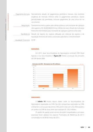 Pagamento de Juros	Normalmente através de pagamentos periódicos mensais, não existindo
                               Títulos do Agronegócio




                                                                                 exigência de intervalo mínimo entre os pagamentos periódicos. Outras
                                                                                 periodicidades são permitidas, inclusive pagamento de uma única vez no
Finanças Estruturadas | 2012




                                                                                 vencimento.
                                                        	Negociação	 Diretamente entre as partes para ofertas públicas com montante de captação
                                                                                 não superior a R$ 30.000.000,00 (trinta milhões de reais). Através de instituição
                                                                                 financeira intermediária para montante de captação superior a esse valor.
                                                        	Transferência	 Através de registro do negócio efetuado em sistemas de registro e de
                                                                                 liquidação financeira de ativos autorizados pelo Banco Central do Brasil.
                                                        	Liquidação Financeira 	 CETIP.




                                                                                 Emissões

                                                                                            Em 2011, duas Securitizadoras do Agronegócio emitiram CRA: Brasil
                                                                                 Agrosec e Eco Securitizadora. A figura 39 mostra a evolução das emissões
                                                                                 de CRA desde 2009.


                                                                                   Emissões de CRA - Montante (em R$ milhões)                               FIG. 39
                                                                                   Fonte: Uqbar

                                                                                    200

                                                                                    180

                                                                                    160

                                                                                    140

                                                                                    120

                                                                                    100

                                                                                      80

                                                                                      60

                                                                                      40

                                                                                      20

                                                                                       0
                                                                                                      2009                 2010                  2011




                                                                                 Emissores

                                                                                            A tabela 10 mostra alguns dados sobre as Securitizadoras do
                                                                                 Agronegócio registradas na CVM. Das três companhias registradas na CVM,
                                                                                 a Octante é a única que não emitiu CRA, porém está com uma oferta pública
                                                                                 em análise na CVM de duas séries que totalizam R$ 105,0 milhões.
                                                                                            Os dados de capital social, número de ações integralizadas e principais
                                                                                 acionistas foram obtidos nos arquivos “Formulário de Referência de 2011”,
                                                                                 consultados no dia 08 de março de 2012.




                                                                                                                                                                      |   66
 