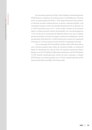 R ANKINGS DE 2011




                                                         No mercado de gestores de FIDC a Bram Bradesco Asset Management
                                                   DTVM alcançou a liderança nos rankings anual e consolidado por montante
Finanças Estruturadas | 2012




                                                   de PL, com participações de 28,5% e 17,2%, respectivamente. No ano anterior,
                                                   a instituição ocupava, respectivamente, as quinta e segunda posições. Uma
                                                   instituição conseguiu manter uma posição de liderança entre os gestores. Foi
                                                   a J & M Investimentos que, com 11 novos fundos, manteve-se em primeiro
                                                   lugar no ranking anual por número de operações com uma participação de
                                                   12,1%. Os dois anos consecutivos de liderança fizeram com que a empresa
                                                   alcançasse também a primeira colocação no ranking consolidado por número
                                                   de operações. No final de 2011 a J & M Investimentos contava com a gestão de
                                                   36 fundos, ou 10,1% do total de número de FIDC em operação nesta data.
                                                         Com a colocação de R$ 4,64 bilhões (25,9%), o Banco BTG Pactual ficou
                                                   com a primeira posição, pelo critério de montante emitido, no ranking de
                                                   líderes de distribuição de cotas de FIDC. Na sequência apareceram Banco
                                                   Bradesco com R$ 4,27 bilhões (23,8%) e Banco Votorantim com R$ 2,82 bilhões
                                                   (15,7%). Quando classificados pelo número de séries colocadas, a Citibank
                                                   DTVM figurou na primeira posição com 10 títulos, seguida pelo Banco BTG
                                                   Pactual e pelo Banco Itaú BBA, com 8 títulos cada.




                                                                                                                                  |   79
 