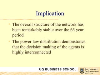 Implication The overall structure of the network has been remarkably stable over the 65 year period The power law distribution demonstrates that the decision making of the agents is highly interconnected  