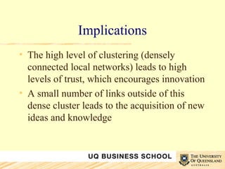 Implications The high level of clustering (densely connected local networks) leads to high levels of trust, which encourages innovation A small number of links outside of this dense cluster leads to the acquisition of new ideas and knowledge 