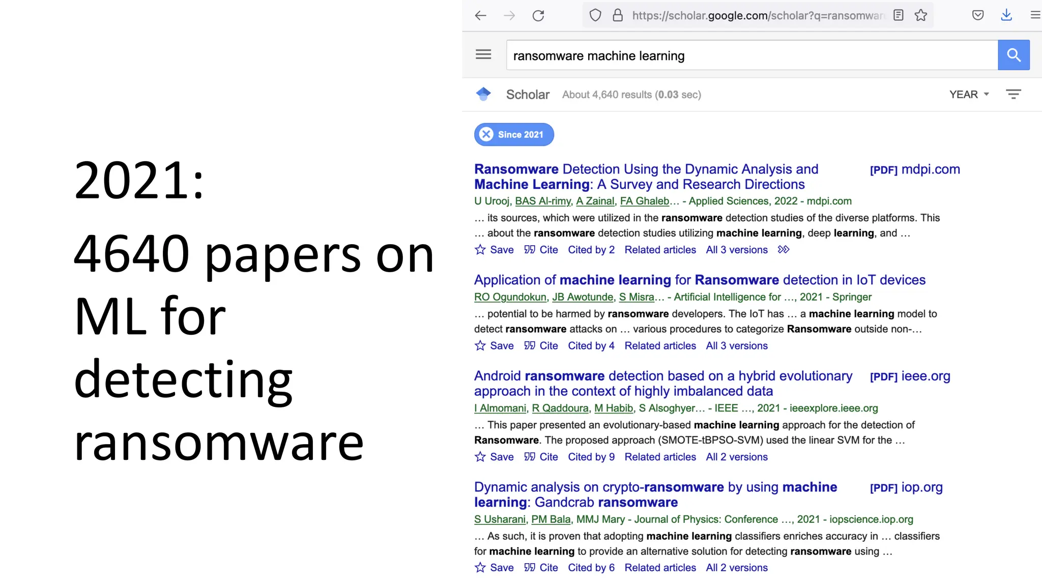 2021:
4640 papers on
ML for
detecting
ransomware
 