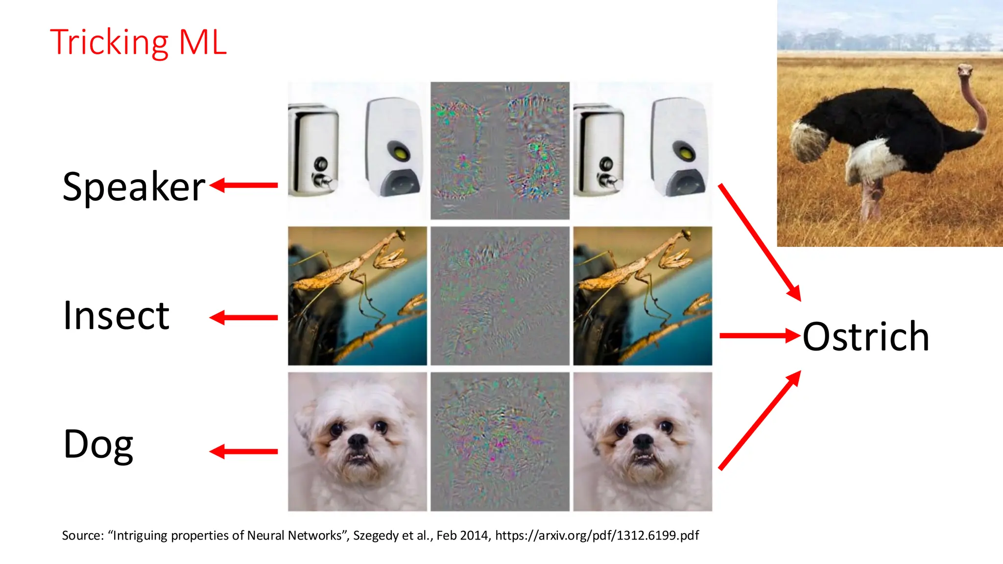x
Source: “Intriguing properties of Neural Networks”, Szegedy et al., Feb 2014, https://arxiv.org/pdf/1312.6199.pdf
Tricking ML
Speaker
Insect
Dog
Ostrich
 