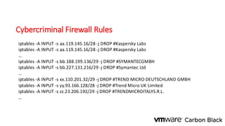 Cybercriminal Firewall Rules
iptables -A INPUT -s aa.119.145.16/28 -j DROP #Kaspersky Labs
iptables -A INPUT -s aa.119.145.16/28 -j DROP #Kaspersky Labs
…
iptables -A INPUT -s bb.188.199.136/29 -j DROP #SYMANTECGMBH
iptables -A INPUT -s bb.227.131.216/29 -j DROP #Symantec Ltd
…
iptables -A INPUT -s xx.110.201.32/29 -j DROP #TREND MICRO DEUTSCHLAND GMBH
iptables -A INPUT -s yy.93.166.128/28 -j DROP #Trend Micro UK Limited
iptables -A INPUT -s zz.23.206.192/29 -j DROP #TRENDMICROITALYS.R.L.
…
 