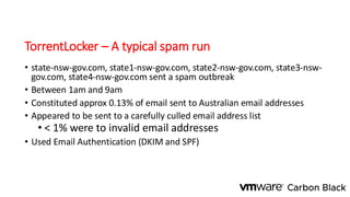 TorrentLocker – A typical spam run
• state-nsw-gov.com, state1-nsw-gov.com, state2-nsw-gov.com, state3-nsw-
gov.com, state4-nsw-gov.com sent a spam outbreak
• Between 1am and 9am
• Constituted approx 0.13% of email sent to Australian email addresses
• Appeared to be sent to a carefully culled email address list
• < 1% were to invalid email addresses
• Used Email Authentication (DKIM and SPF)
 